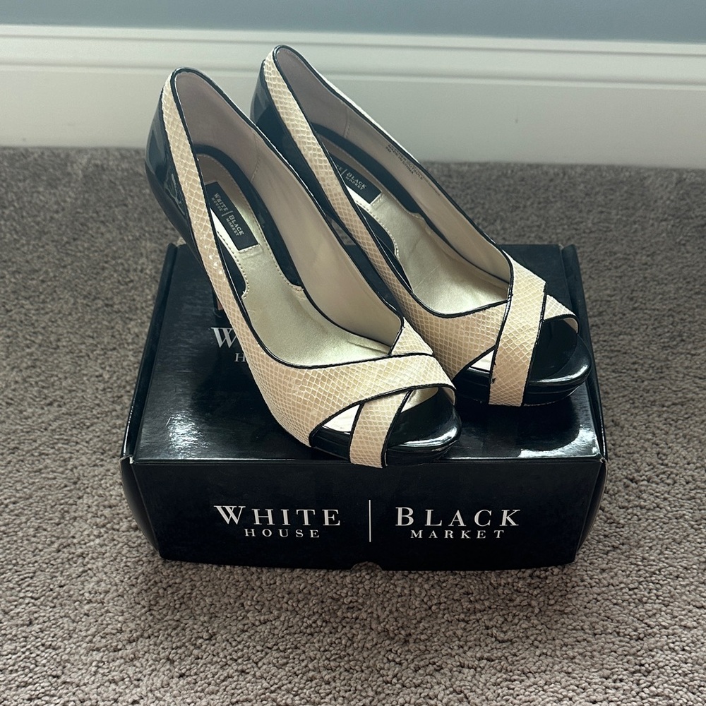 White House Black Market Black and Cream Crisscross Heels
